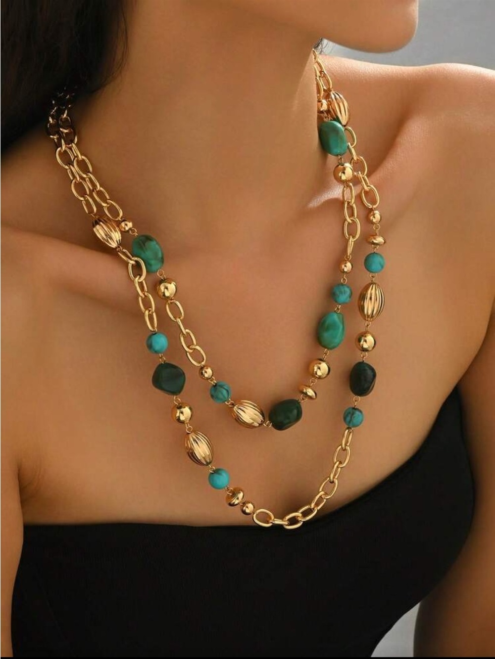 Gold Chain Necklace with Turquoise Beads - Women Jewelry